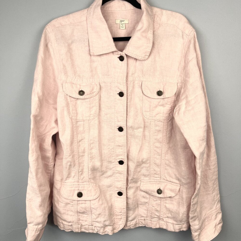 J Jill Linen Blush Pink Jacket Button Up‎ Flap Pockets Collared Coat Size XLT